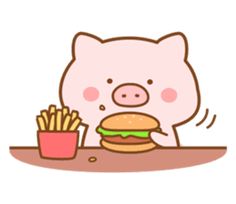 a pig eating a hamburger and french fries