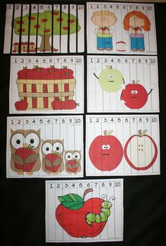 four different pictures of apples and owls with numbers in the middle, one has an apple on