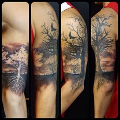 this is an image of a man's arm with trees and birds on it