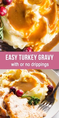 turkey gravy on a plate with mashed potatoes and cranberry sauce