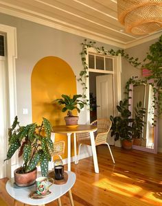 a living room filled with lots of plants on top of a wooden floor next to a white table