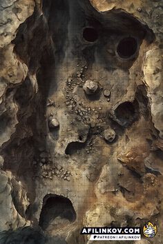 an image of a rock formation with holes in the ground and rocks on it's sides