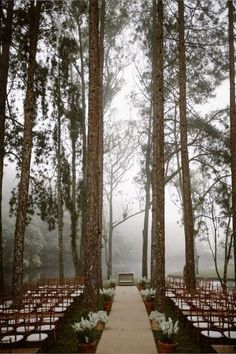 an outdoor ceremony set up in the woods