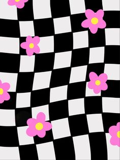 pink flowers on black and white checkerboard pattern with yellow center in the middle