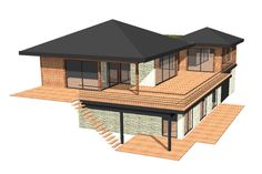 a 3d rendering of a house with stairs leading up to the second floor and an attached deck