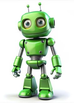 a green robot with big eyes standing in front of a white background