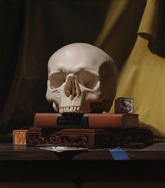 a white skull sitting on top of two books next to a stack of dices