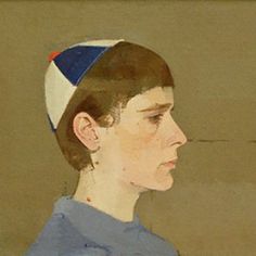 a painting of a woman wearing a blue shirt and a red white and blue hat