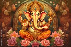 an image of the god ganesha with flowers around him and his name written on it