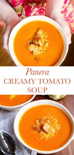 two bowls filled with creamy tomato soup and topped with croutons, breadcrumbs