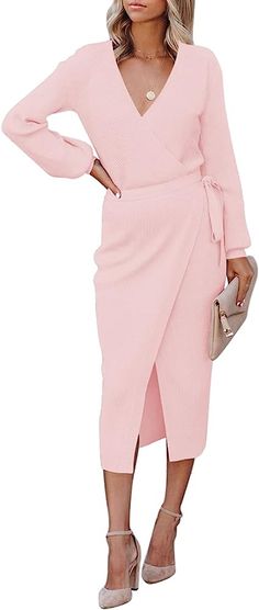 Sweater Midi Dresses Women Knit Long Sleeve Wrap V Neck Tie Waist Long Dress with Slit Pink M at Amazon Women’s Clothing store Winter Sweater Dresses, Midi Dress Elegant, Wrap Sweater Dress, Dress Elegant Long, Belted Sweater, Long Sweater Dress, Long Sleeve Wrap Dress, Long Bodycon Dress, Knitted Bodycon Dress