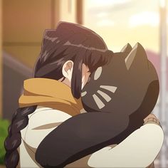 an anime character hugging another character with her eyes closed and one hand on his shoulder