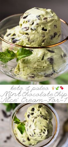 mint chocolate chip ice cream in a glass bowl