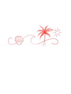 a drawing of a palm tree and seashells on a white background with the sun in the distance