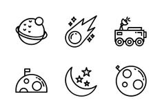 black and white line art icons on a white background with space, stars, moon, rocket ship