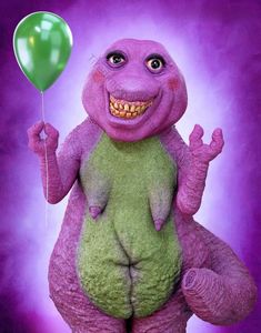 a purple creature holding a green balloon in its right hand and smiling at the camera