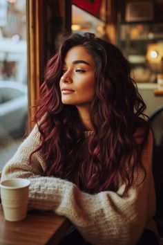 Dark To Red Hair, Dark Red Hair Blue Eyes, Dark Red Black Hair, Fall Hair Ideas For Blondes, Red Hair Dark Skin, Hair Ideas For Blondes, Scarlet Red Hair, Dark Red Hair Color Ideas, Rich Brunette Hair