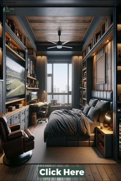 a bedroom with built in bookshelves and a large bed