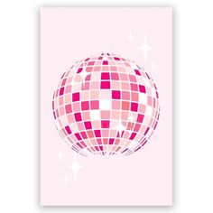 a pink and white poster with a disco ball on it's back side, against a light pink background