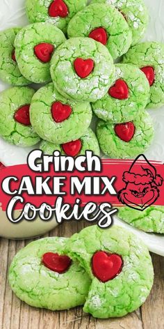 green cookies with red hearts on them and the words grin cake mix cookies in front