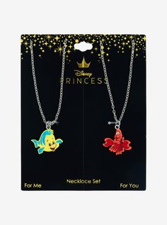 two disney princess necklaces are shown in the packaging for $ 3 99 or more