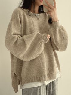 Style:Casual \nType:Pullovers \nHem Shaped:Regular \nNeckline:Round Neck \nDetails:Rib-Knit \nSleeve Type:Drop Shoulder \nColor:Apricot \nPattern Type:Plain \nSleeve Length:Long Sleeve \nLength:Regular \nFit Type:Loose \nFabric:Slight Stretch \nMaterial:Knitwear \nComposition:70% Polyester \nComposition:18% Acrylic \nComposition:12% Polyamide \nCare Instructions:Hand wash or professional dry clean \nSheer:No \n Sweater For Women, Loose Sweater, Lantern Sleeve, Knitted Sweater, Hand Washing, Drop Shoulder, Rib Knit, Autumn Winter, Style Casual