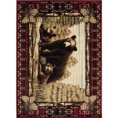 two bears in the woods on a red and beige rug with an ornate border around them