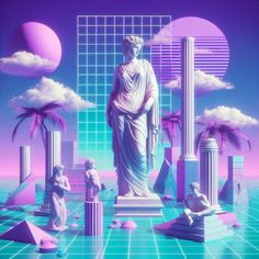 an image of a statue in the middle of a room with pink and blue colors