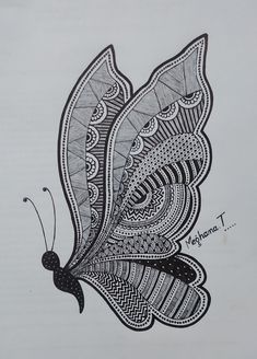 a black and white drawing of a butterfly with intricate designs on it's wings