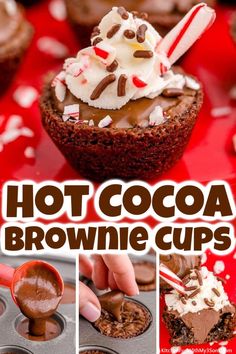 hot cocoa brownie cups with chocolate frosting and candy canes