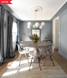 a dining room with blue walls and wooden flooring is featured in this article by interior stylist