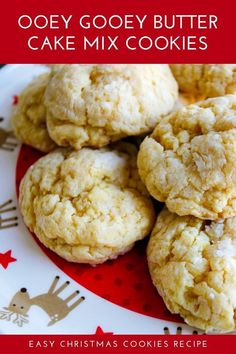 ooey gooey butter cake mix cookies on a red and white plate with text overlay