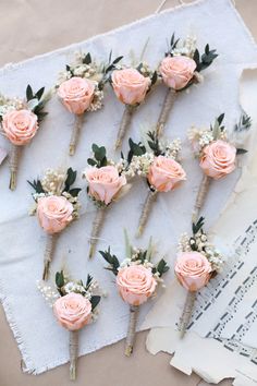 pink roses and baby's breath boutions are arranged on a piece of paper