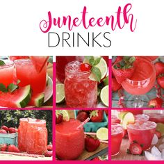 a collage of different drinks with strawberries and watermelon in the background