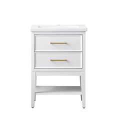 a white nightstand with two drawers and gold pulls on the bottom drawer, against a white background