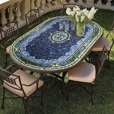 Lake Como Mosaic Oval Bistro-Iron Accents Round Bistro Table, Mosaic Tables, Mosaic Furniture, Balcony Table, Mosaic Table Top, Aluminum Chairs, Oval Coffee Tables, Blue Mosaic, Geometric Tiles