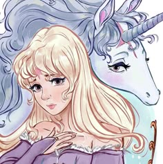 a drawing of a girl with long blonde hair next to a unicorn