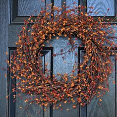 a wreath with red berries hanging on the front door to decorate it's entrance