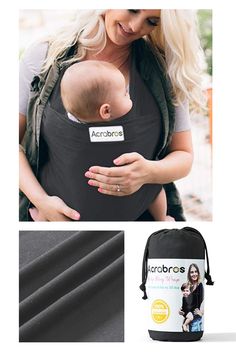 a woman holding a baby in a black carrier and an ad for acrobos