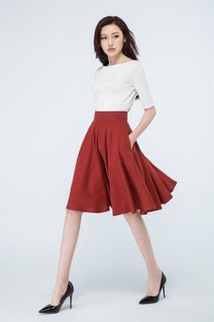 "This Skater skirt is a Red full circle skirt, the linen skirt has a high waisted. The midi skirt open by Invisible zipper on center back. A Nice 50's style skirt with side pockets, made with super linen , featuring high waist design, This red skater skirt will give you a nice looking for work or casual days DETAIL * 50% linen, 50% cotton * No lining * Seam pocket * Back zipper closure * Knee Length * Circle skirt, skater skirt * Perfect for summer, spring * Wash by hand or machine with cold wat Red Cotton Flared Skirt Bottoms, Red Cotton Long Skirt, Fitted Red Knee-length Skirt, Red Fitted Knee-length Skirt, Red Pleated A-line Maxi Skirt, Red Knee-length Mini Skirt For Summer, Elegant Lined Burgundy Skirt, Red Cotton Lined Maxi Skirt, Red Cotton Midi Skirt