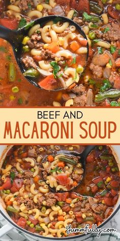 beef and macaroni soup in a pot with the title overlay above it