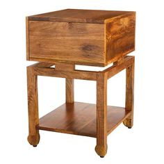 a wooden side table with one drawer open and the other closed on wheels attached to it