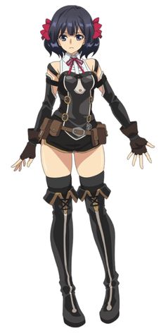 an anime character with black hair and boots, holding her hands out to the side