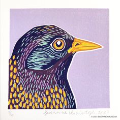 a painting of a bird with yellow and blue spots on it's head, sitting in front of a purple background