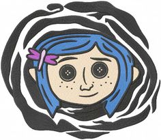 a drawing of a girl with blue hair and a pink bow in her hair is surrounded by black swirls