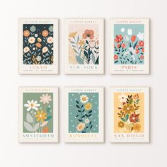 four greeting cards featuring flowers and the words new york, new york, san diego