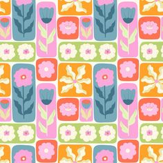 a colorful flower pattern on a pink, green and orange background with flowers in the center