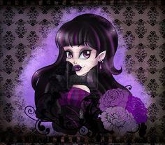 a drawing of a woman with long black hair and purple eyes holding a teddy bear