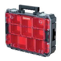 a large plastic tool box with compartments on the front and sides, for storing tools