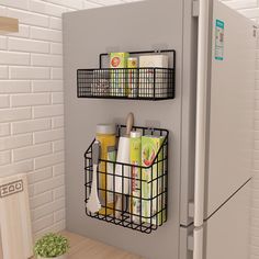 a refrigerator with two baskets on the door and some food in it next to a cutting board